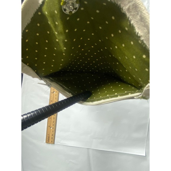 Small Envelope Coin Pouch Clutch Bag Beige Canvas Green Polka Dot Lined - Picture 3 of 5